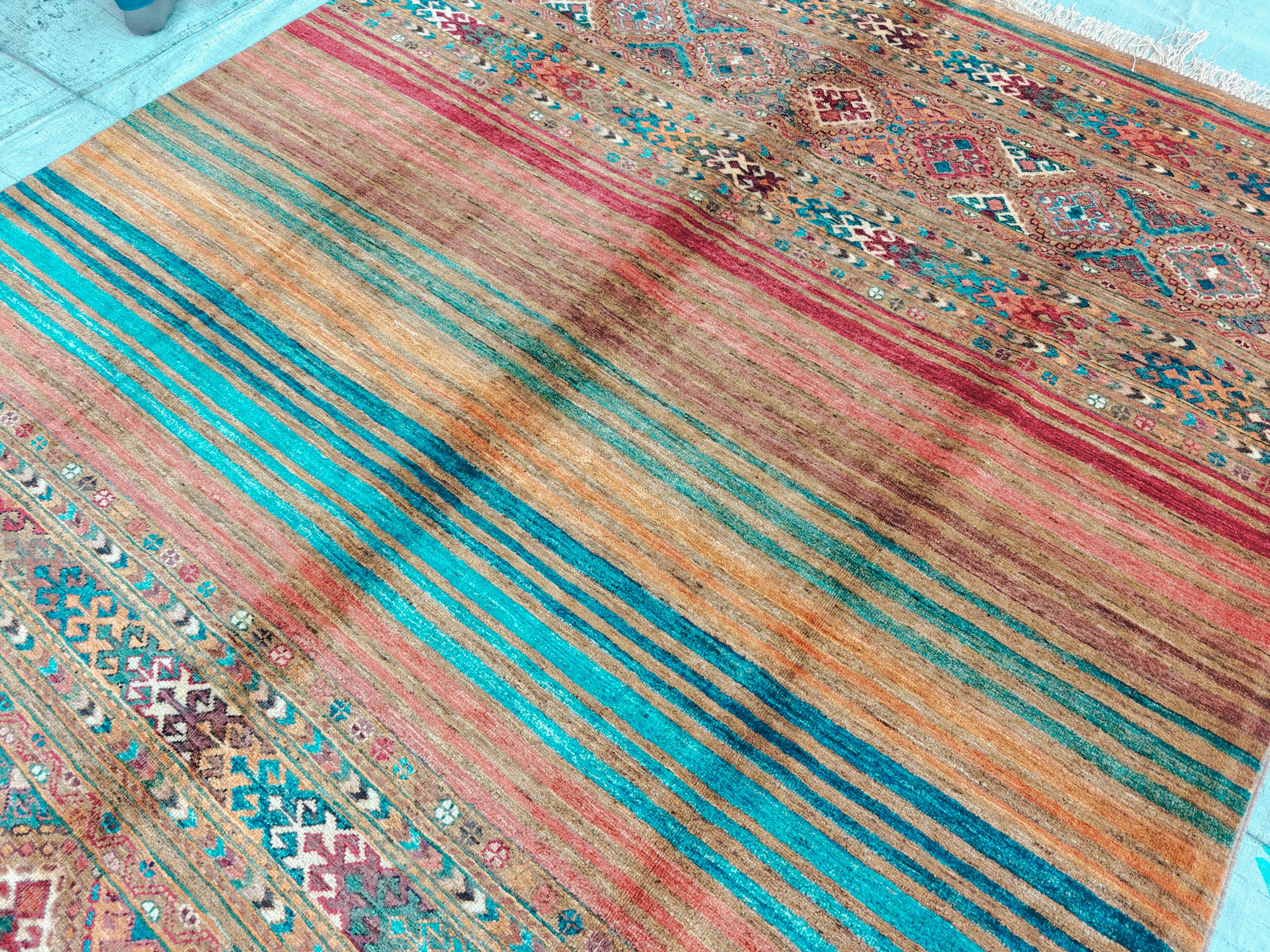 6x8 Handwoven Tribal – Multicolor Striped & Geometric Design – Afghan Caucasian Style Wool Rug – Bohemian Area Carpet – Rustic Home Decor