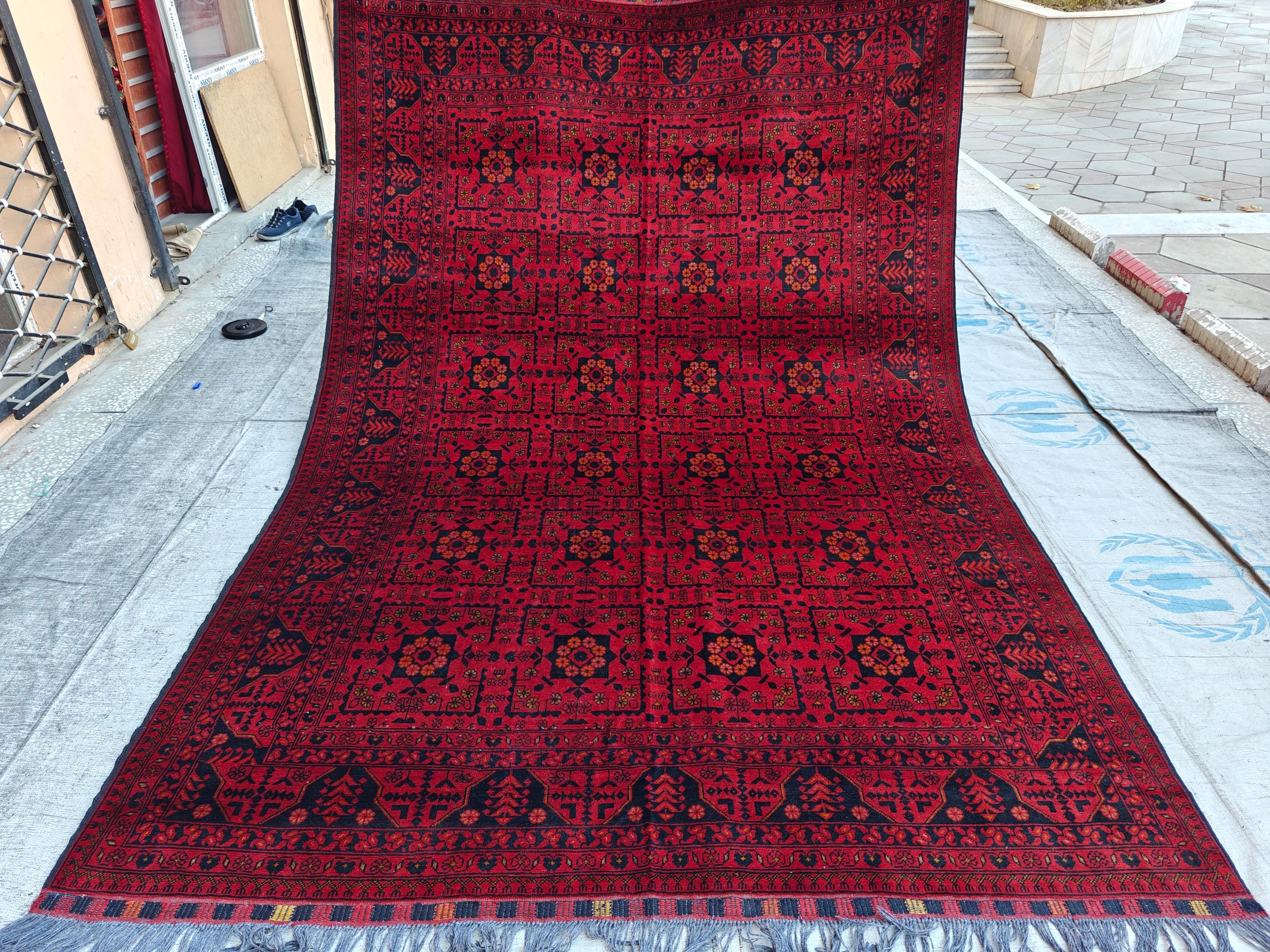 Vintage Bukhara Rug 10.1x6.7 ft - Handwoven Wool Carpet, Traditional Oriental Design, Authentic Persian Area Rug, Antique Luxury Home Decor