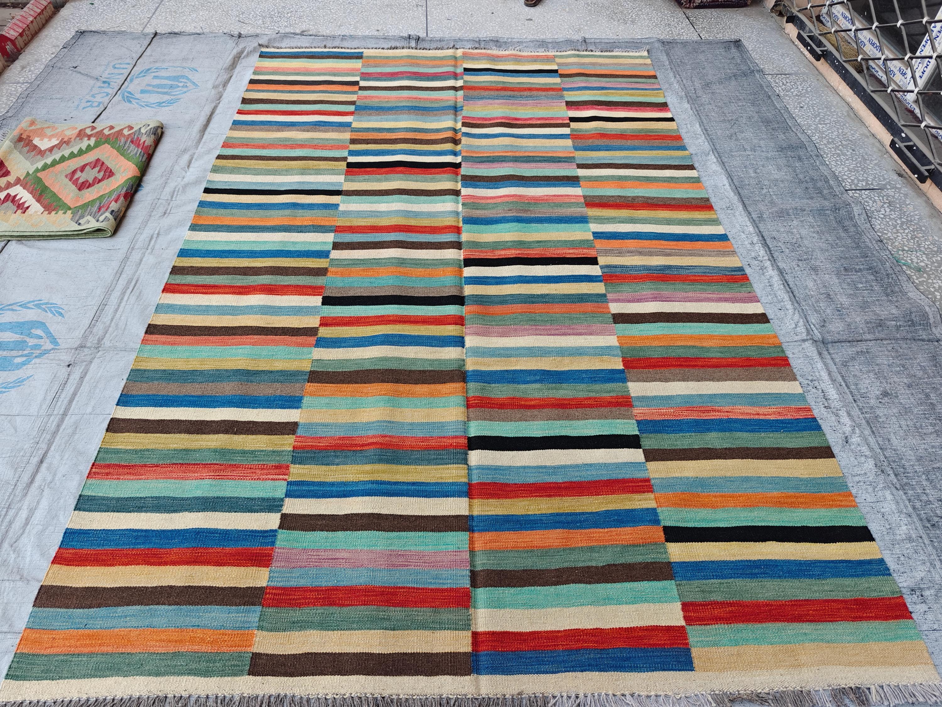 Afghan Kilim Rug – 6x10 ft Handmade Wool Flatweave Carpet – Colorful Tribal Boho Area Rug – Vintage Striped Decor for Living Room or Bedroom