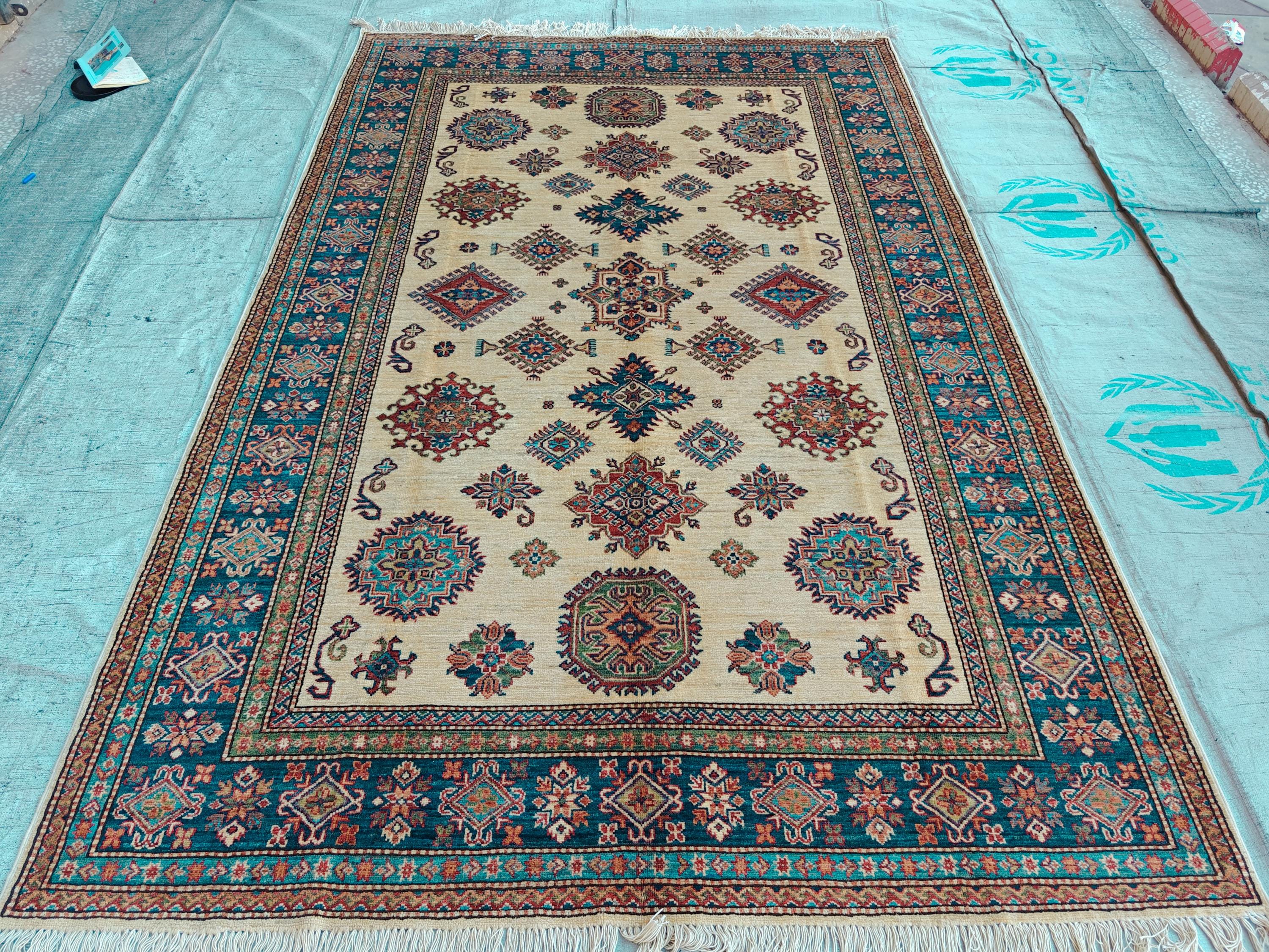 Handmade Afghan Chobi Rug 7x6 ft – Traditional Natural Dyes & Wool Oriental Carpet, Farmhouse Rug, Living Room Rug, Office Rug