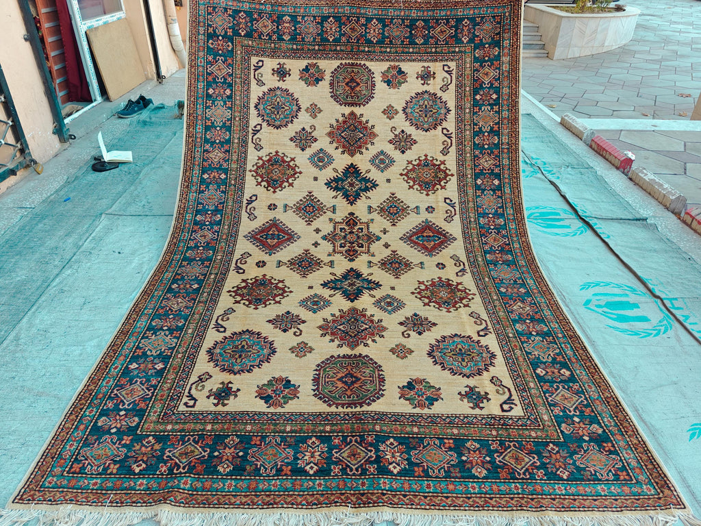 Handmade Afghan Chobi Rug 7x6 ft – Traditional Natural Dyes & Wool Oriental Carpet, Farmhouse Rug, Living Room Rug, Office Rug