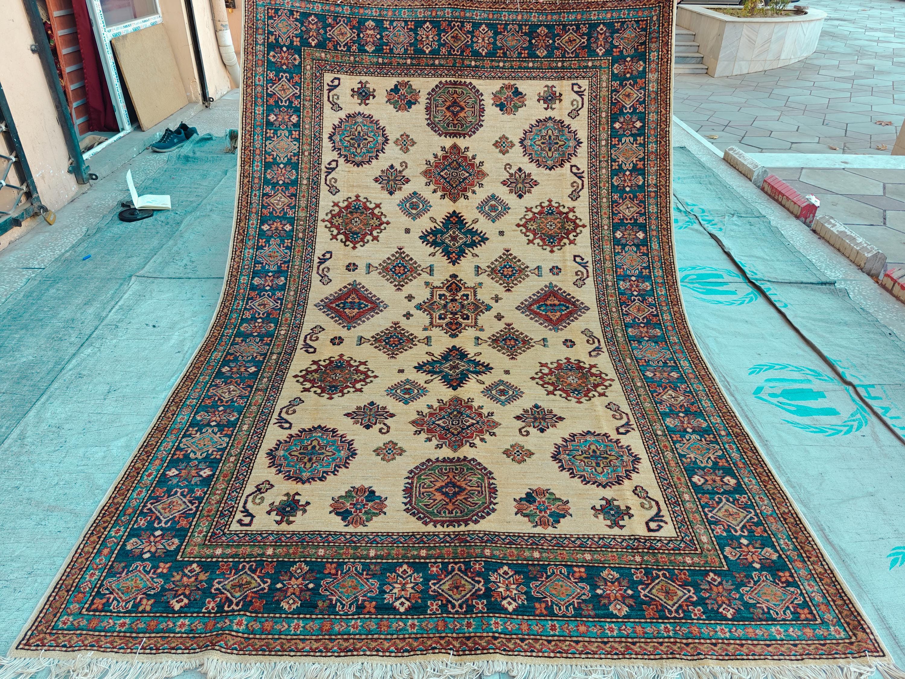 Handmade Afghan Chobi Rug 7x6 ft – Traditional Natural Dyes & Wool Oriental Carpet, Farmhouse Rug, Living Room Rug, Office Rug