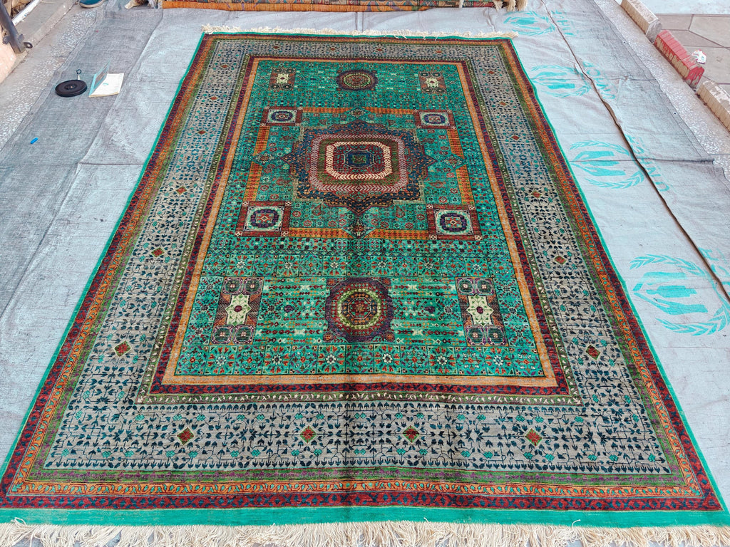 7x10 Aqua Green Handmade Mamluk Chobi Rug –Afghan Wool Carpet, Natural Dyes, Oriental Floor Rug, Living Room Rug, Farmhouse Rug, Bedroom Rug