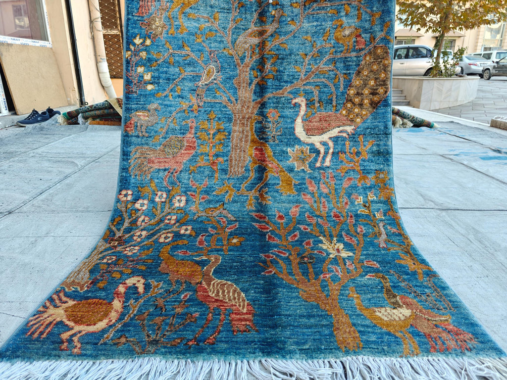 4x2.7 ft Handmade Afghan Chobi Rug– Animal Print Wool Carpet, Natural Dyes, Small Area Rug, Wall Hanging Rug