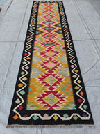 Afghan Kilim Runner Rug – 10ft Turkmen Traditional Handwoven Wool Carpet – Hallway, Entryway, Stair or Long Narrow Area Rug–Tribal Flatweave
