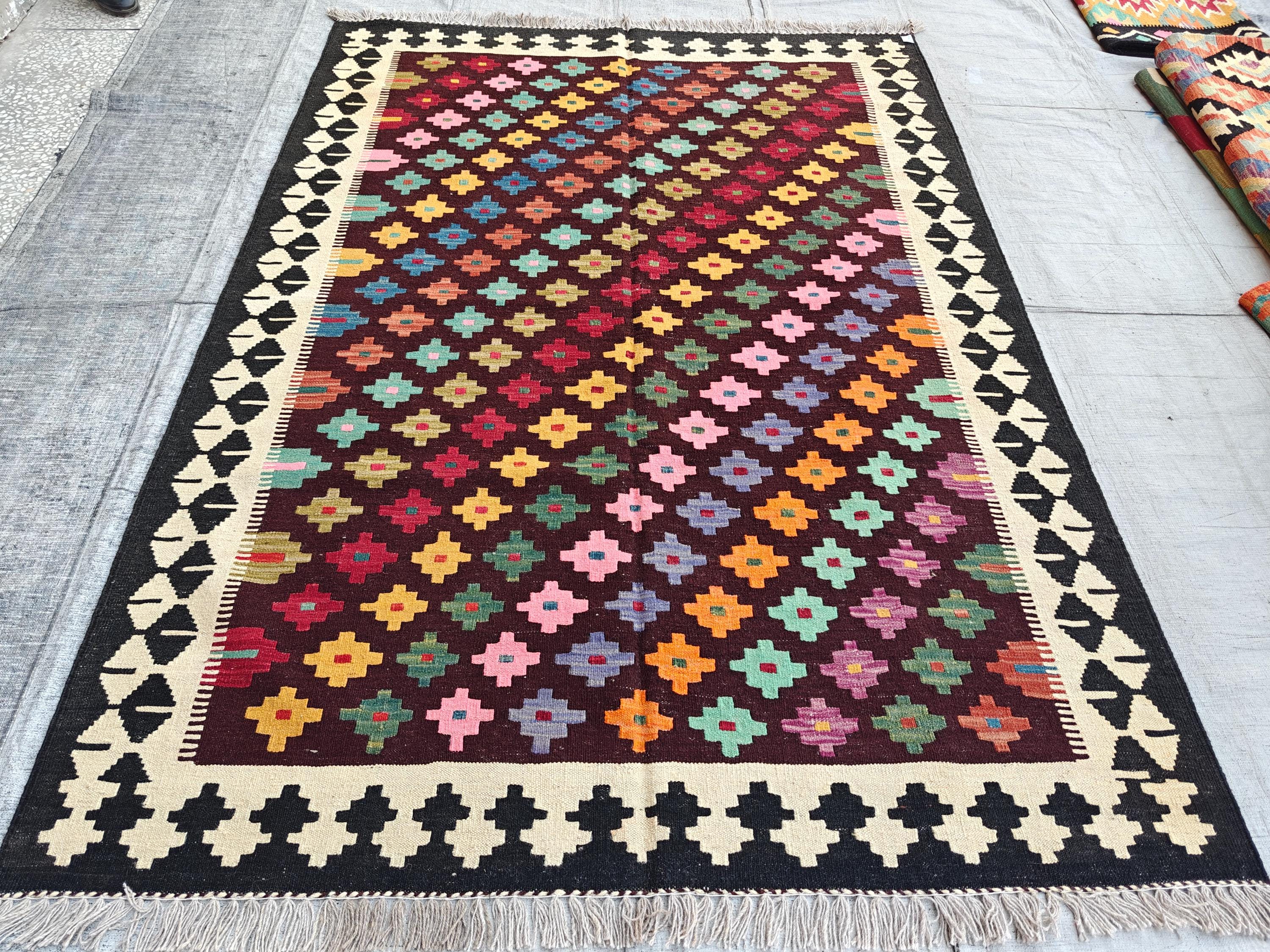 5x8Ft, Multicolor Afghan Kilim Rug – Handmade Tribal Wool Area Rug | Natural Dyed Farmhouse & Living Room Decor | Large Boho Decorative Rug