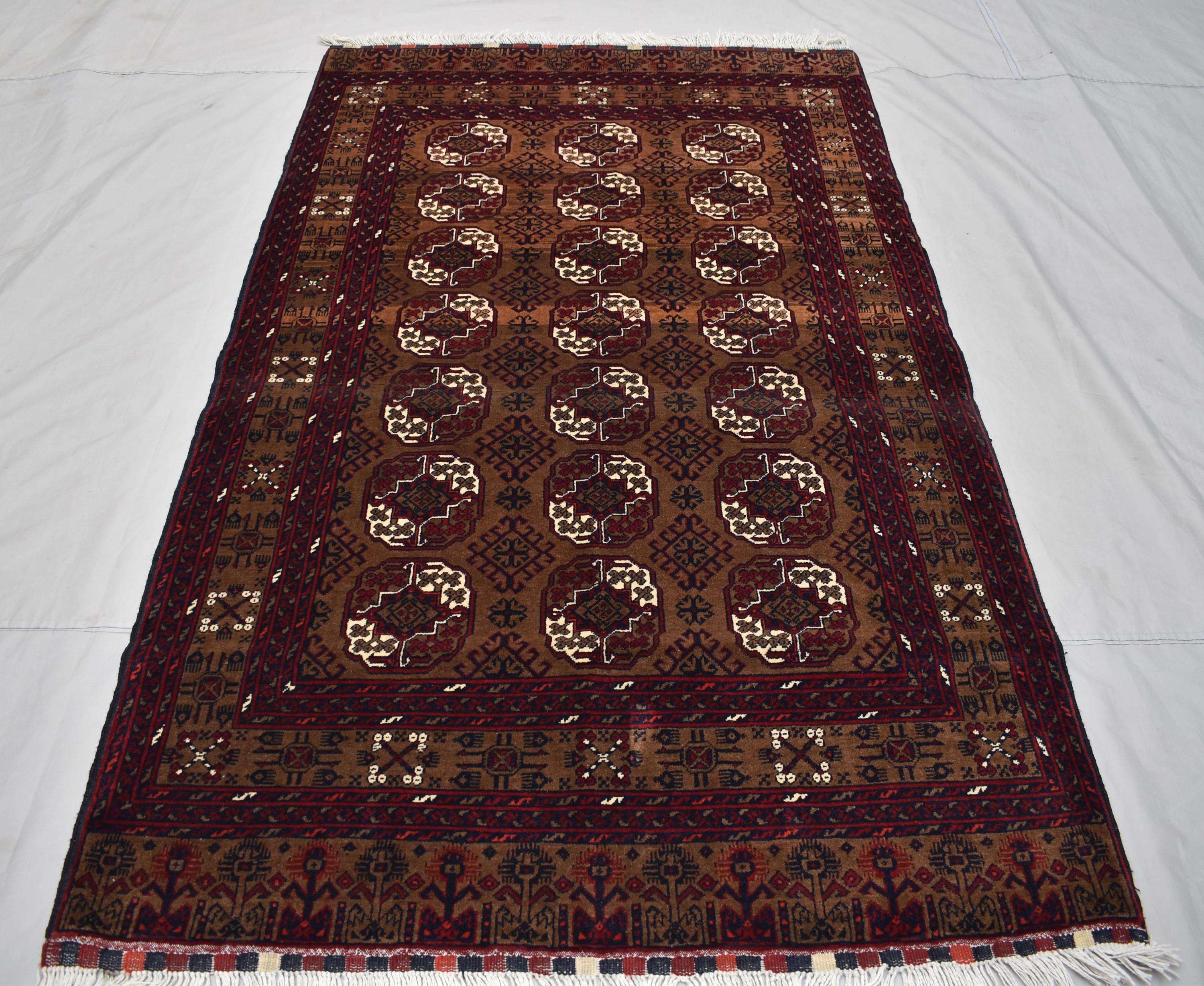 Vintage Ahal Gul Rug 6.5x3.7 ft – Handmade Afghan Wool Carpet, Tribal Geometric Design, Bohemian Area Rug, Rustic Home Décor