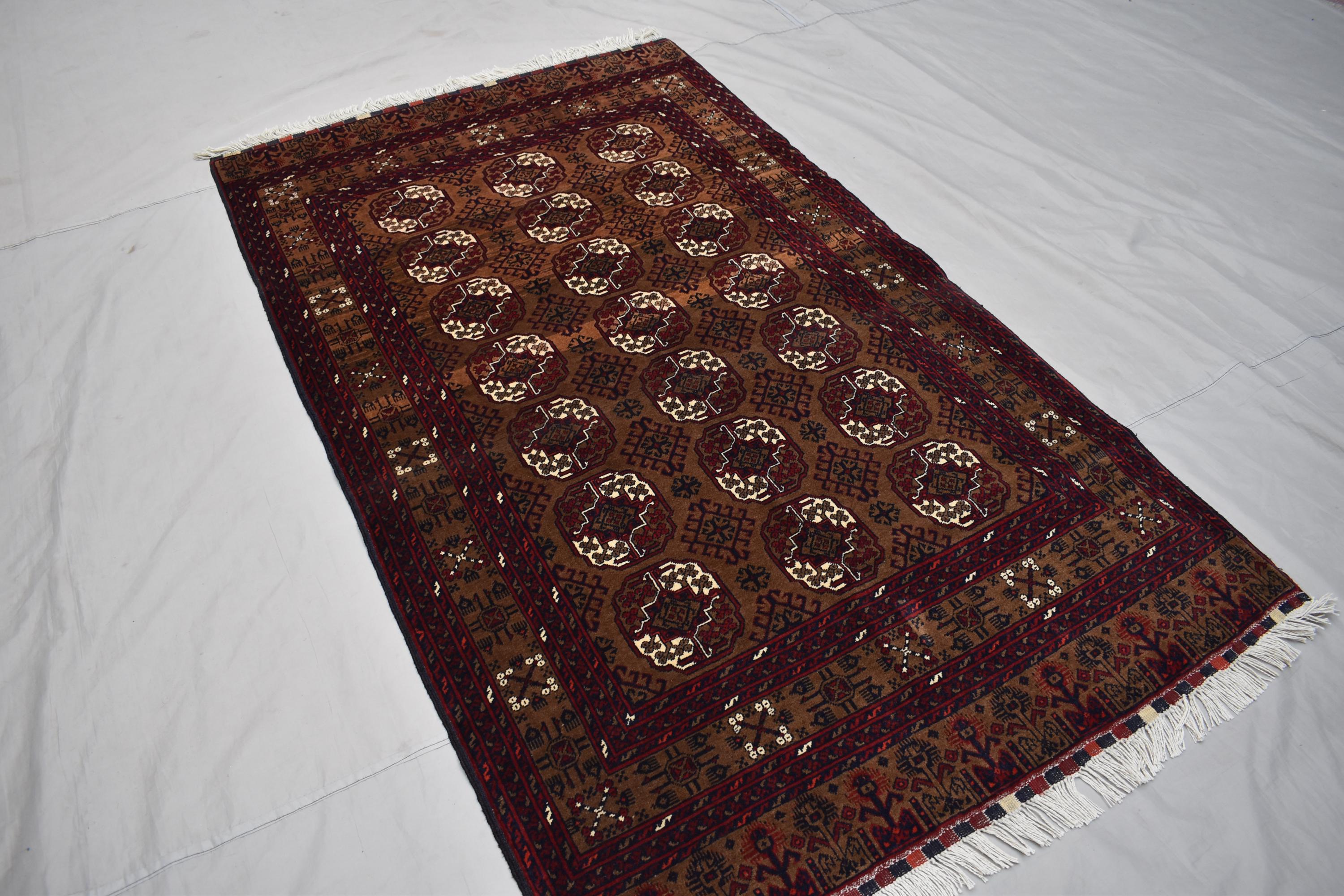 Vintage Ahal Gul Rug 6.5x3.7 ft – Handmade Afghan Wool Carpet, Tribal Geometric Design, Bohemian Area Rug, Rustic Home Décor