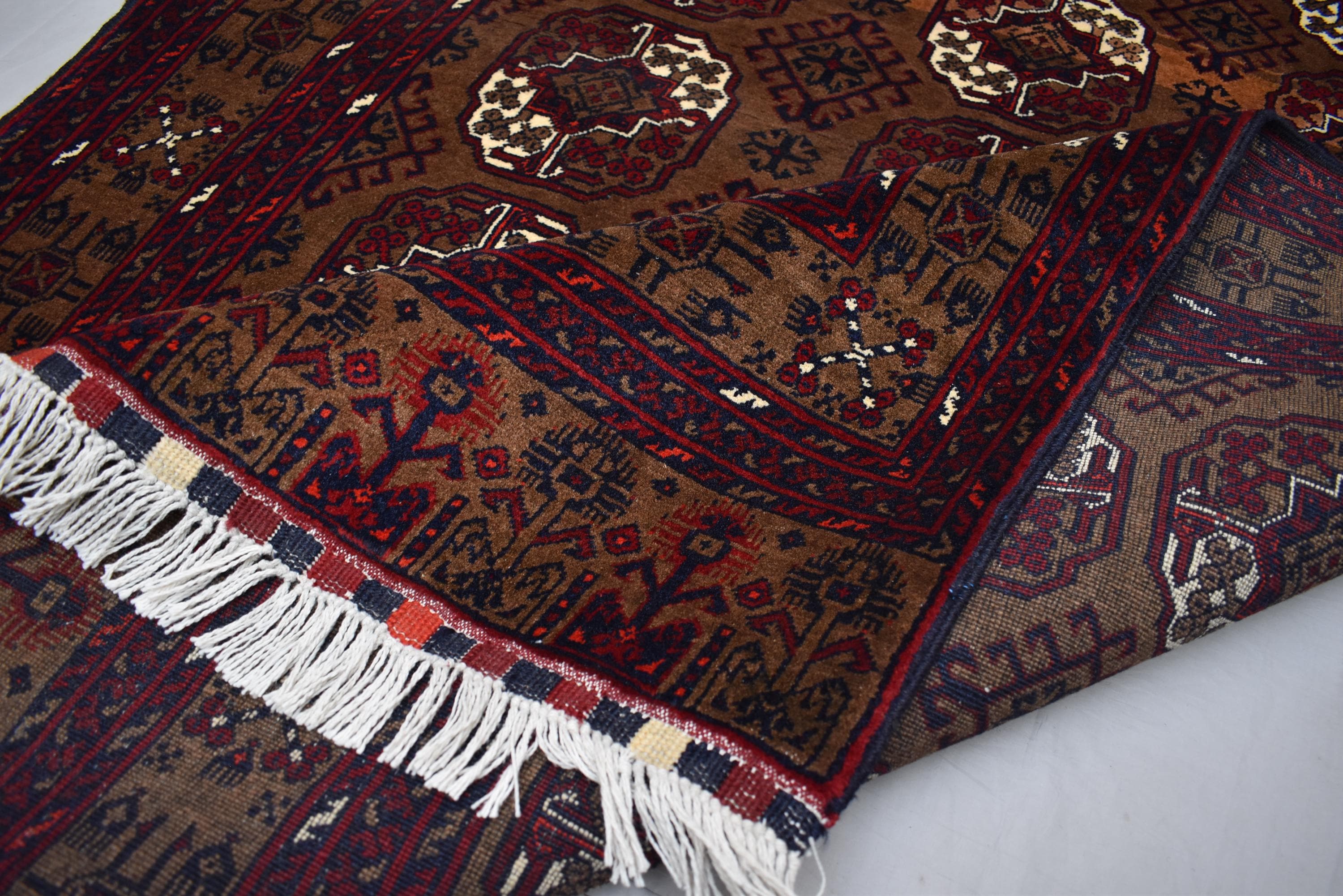 Vintage Ahal Gul Rug 6.5x3.7 ft – Handmade Afghan Wool Carpet, Tribal Geometric Design, Bohemian Area Rug, Rustic Home Décor