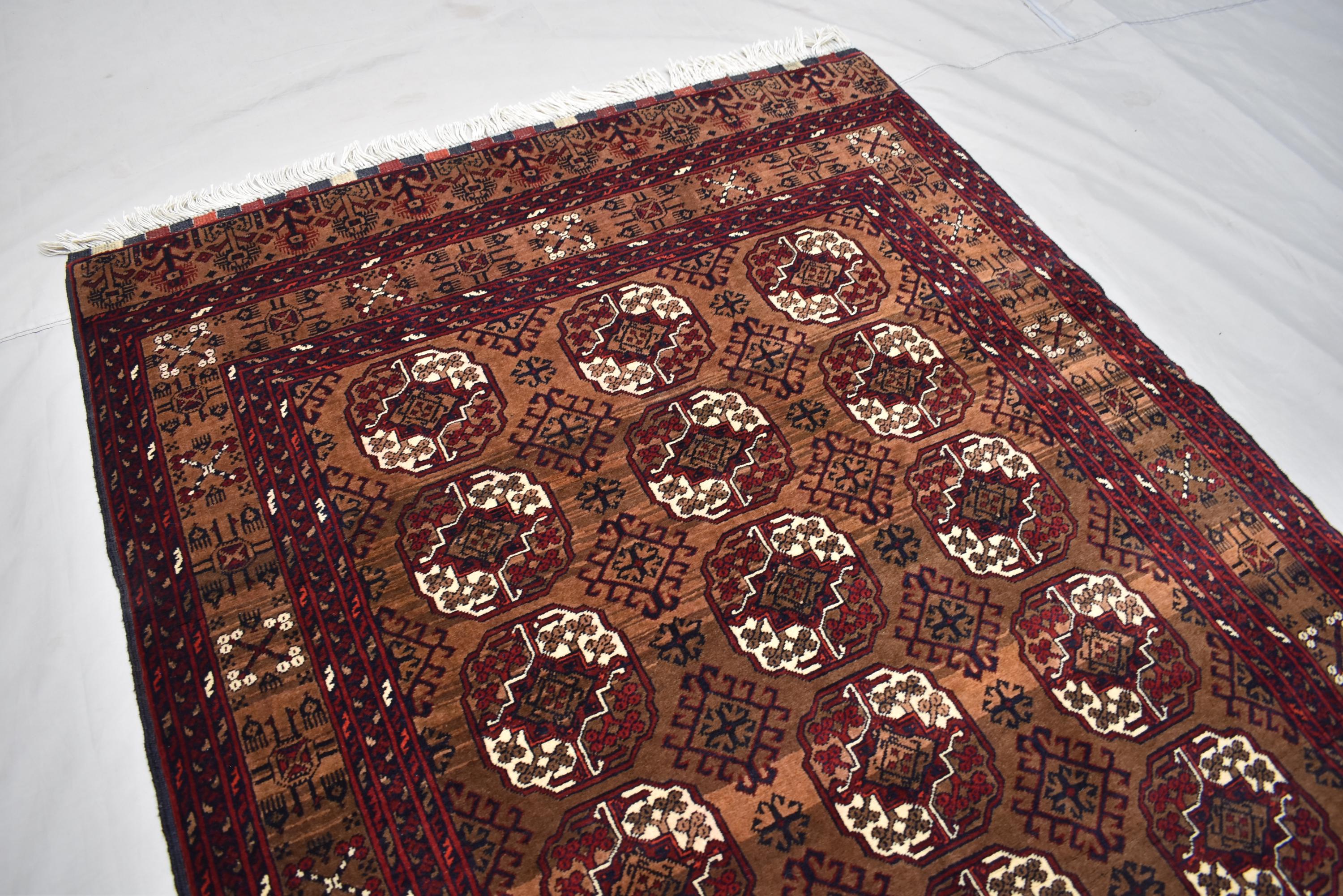 Vintage Ahal Gul Rug 6.5x3.7 ft – Handmade Afghan Wool Carpet, Tribal Geometric Design, Bohemian Area Rug, Rustic Home Décor