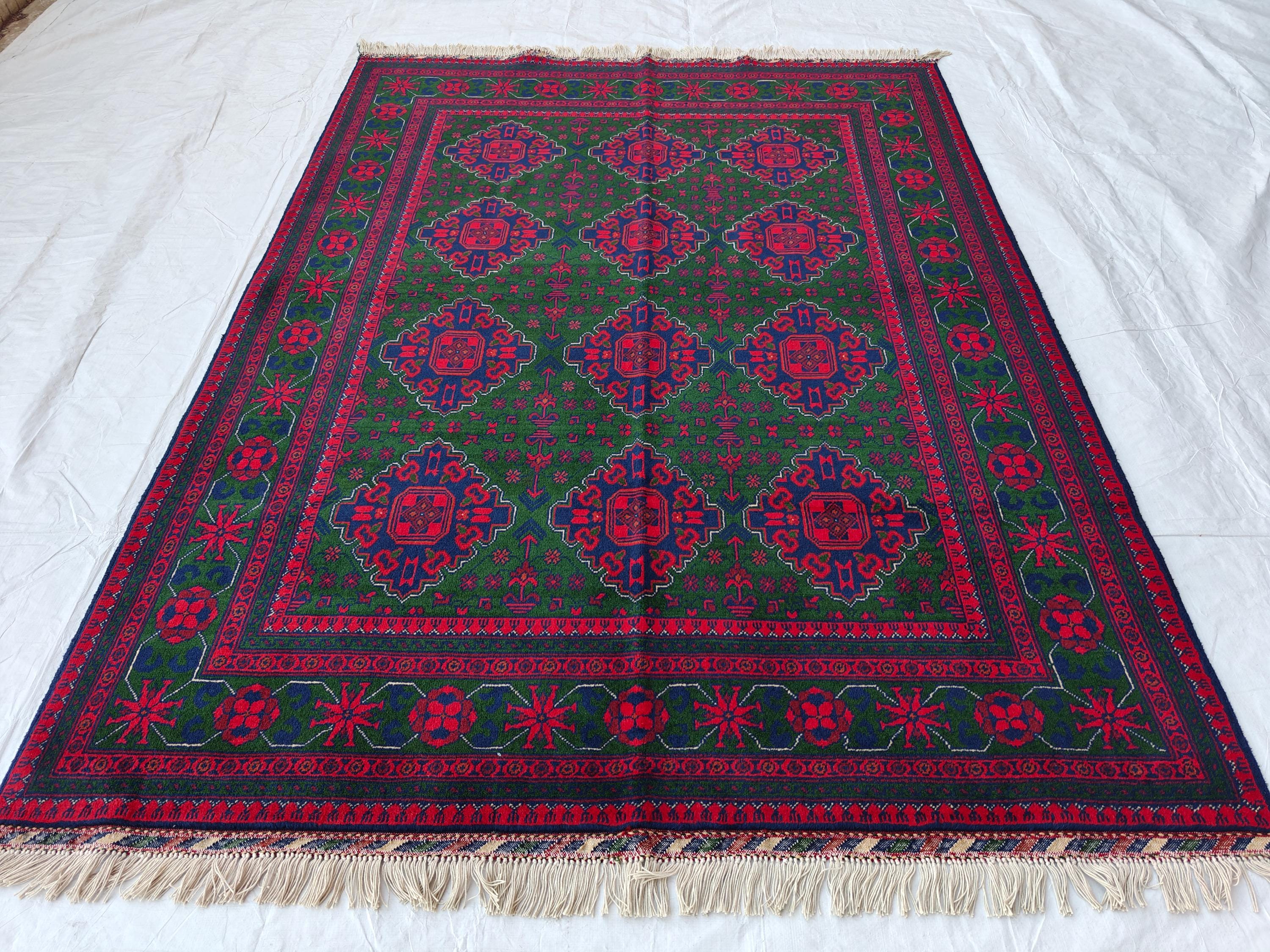 5x7 Afghan Handmade Rug Deep Green and Red Handmade Rug, Boho Distressed Wool Area Rug, Unique Handwoven Persian Style Rug, Living Room Rug