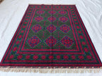 5x7 Deep Green and Red Handmade Rug, Boho Distressed Wool Area Rug, Unique Handwoven Persian Style Rug, Living Room Rug, Durable and Soft