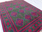 5x7 Afghan Handmade Rug Deep Green and Red Handmade Rug, Boho Distressed Wool Area Rug, Unique Handwoven Persian Style Rug, Living Room Rug