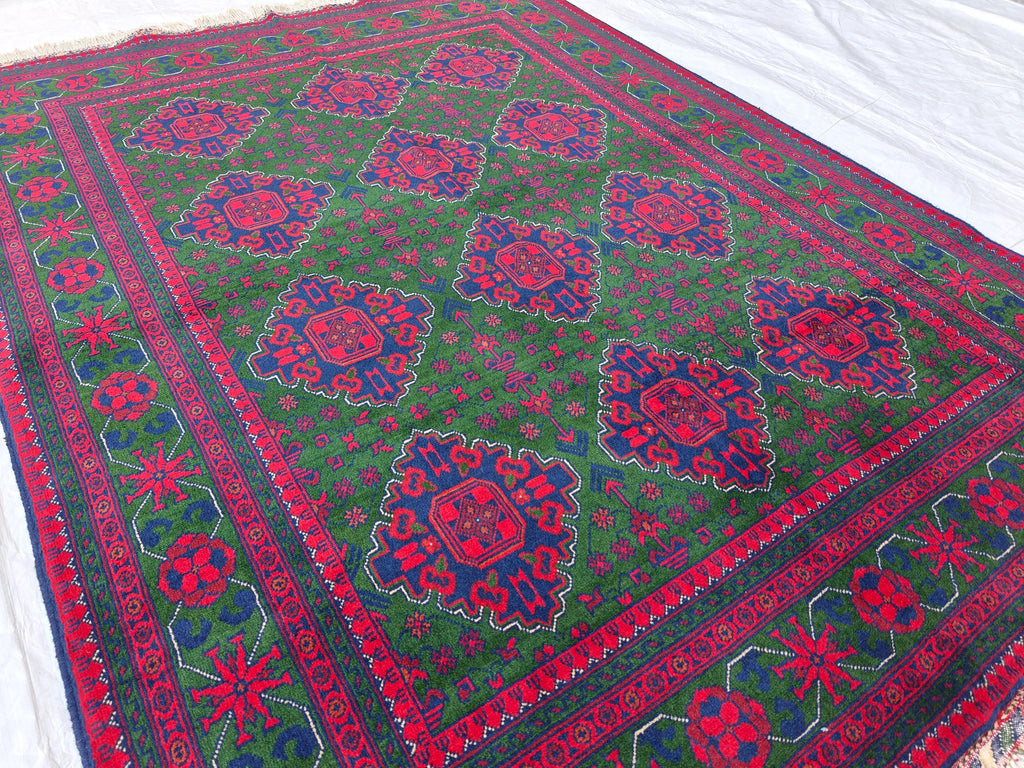5x7 Deep Green and Red Handmade Rug, Boho Distressed Wool Area Rug, Unique Handwoven Persian Style Rug, Living Room Rug, Durable and Soft
