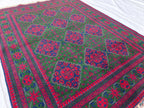 5x7 Deep Green and Red Handmade Rug, Boho Distressed Wool Area Rug, Unique Handwoven Persian Style Rug, Living Room Rug, Durable and Soft