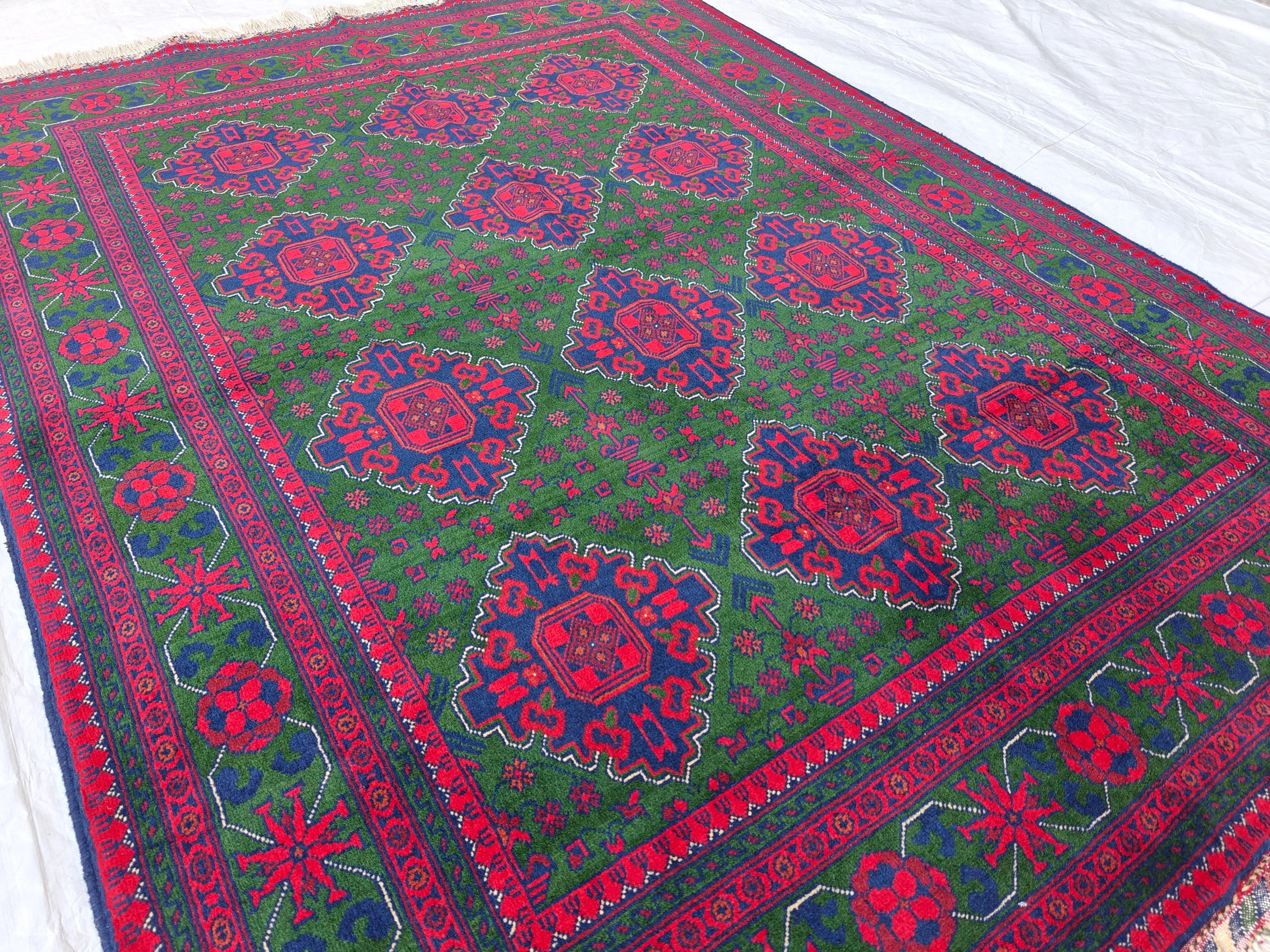 5x7 Deep Green and Red Handmade Rug, Boho Distressed Wool Area Rug, Unique Handwoven Persian Style Rug, Living Room Rug, Durable and Soft