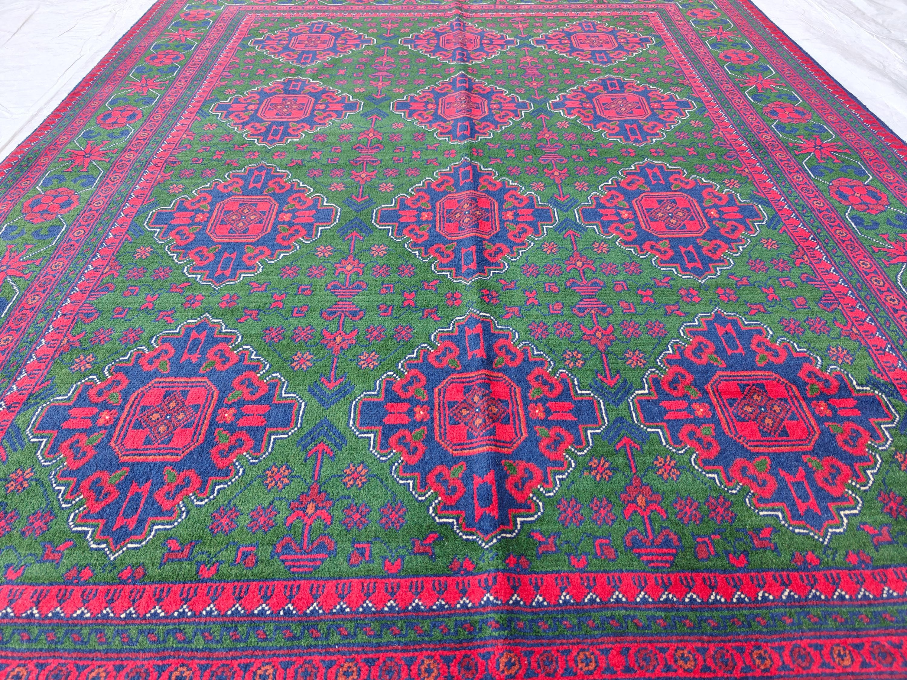 5x7 Afghan Handmade Rug Deep Green and Red Handmade Rug, Boho Distressed Wool Area Rug, Unique Handwoven Persian Style Rug, Living Room Rug