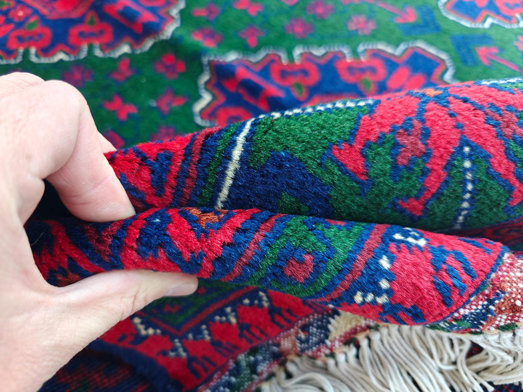 5x7 Afghan Handmade Rug Deep Green and Red Handmade Rug, Boho Distressed Wool Area Rug, Unique Handwoven Persian Style Rug, Living Room Rug
