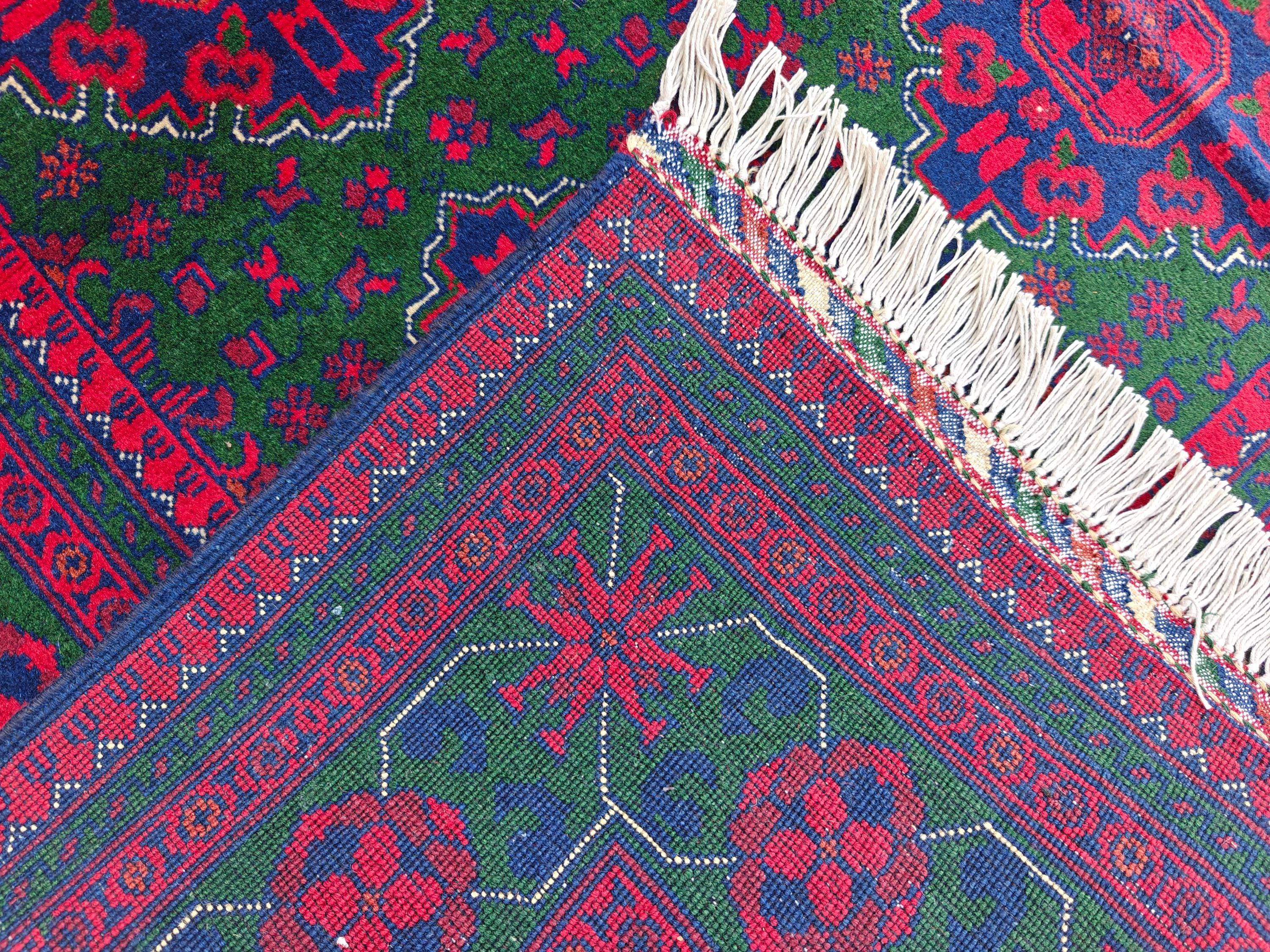 5x7 Afghan Handmade Rug Deep Green and Red Handmade Rug, Boho Distressed Wool Area Rug, Unique Handwoven Persian Style Rug, Living Room Rug