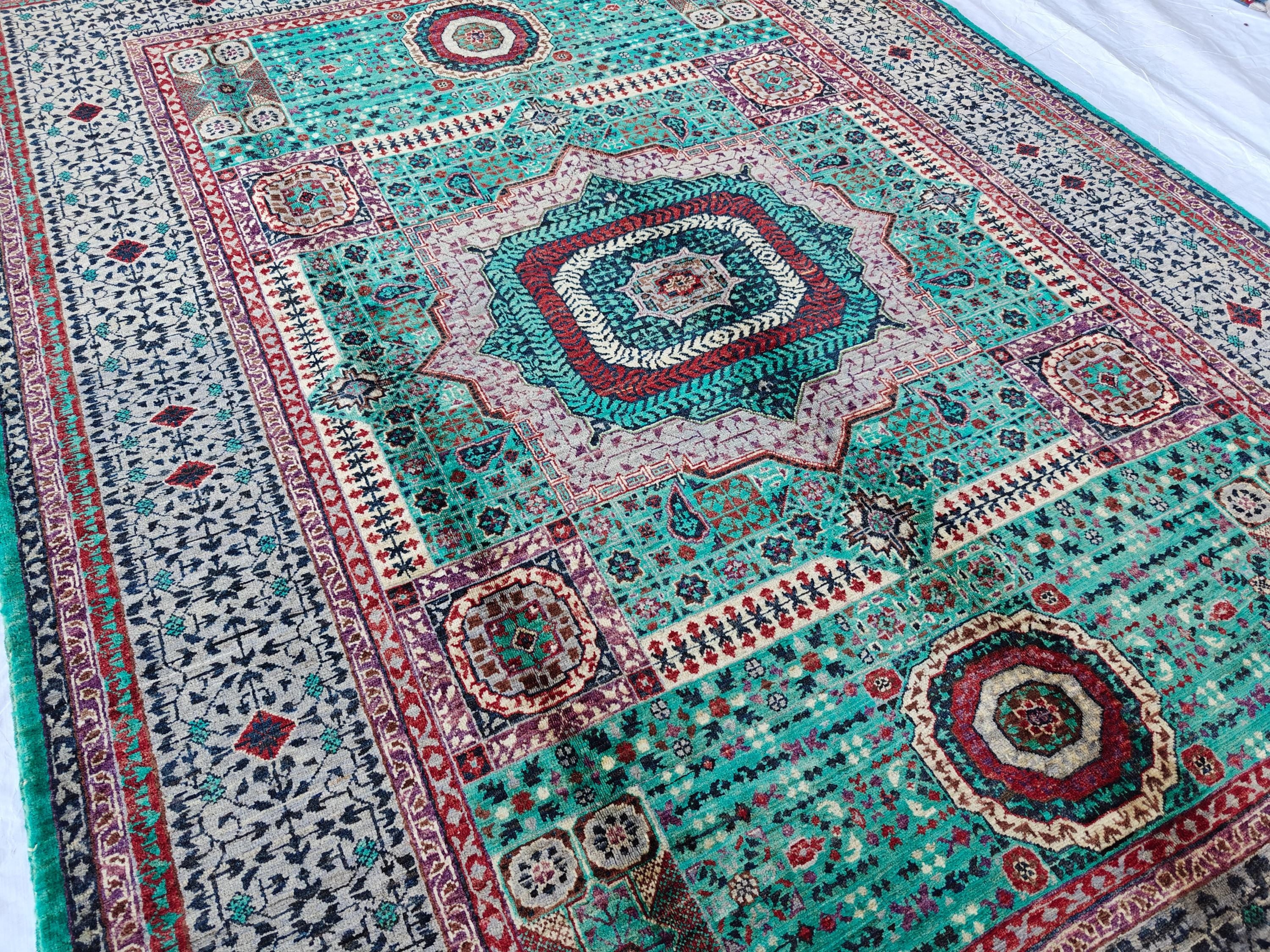 Handcrafted Wool Mamluk Rug: 8.1 x 5.7 ft, Turquoise Persian Design