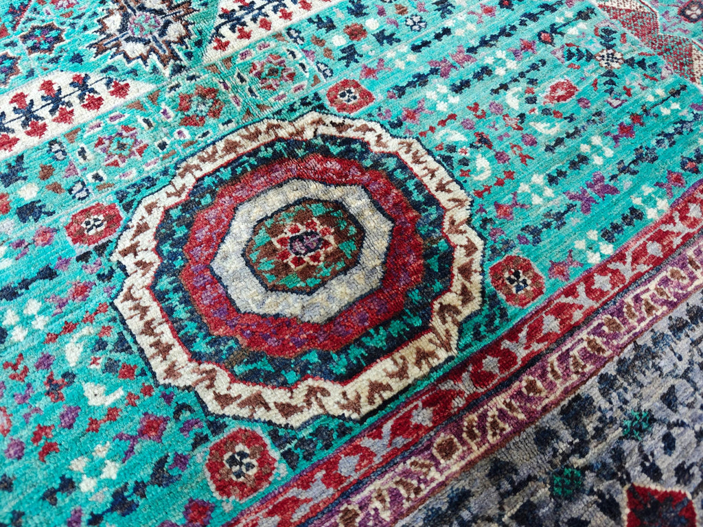 Handcrafted Wool Mamluk Rug: 8.1 x 5.7 ft, Turquoise Persian Design