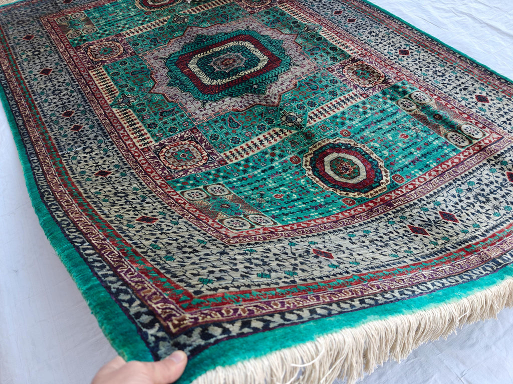 Handcrafted Wool Mamluk Rug: 8.1 x 5.7 ft, Turquoise Persian Design