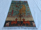 Pictorial Cheetah and Deer Pattern Handmade Rug 3.9 x 2.4 ft – Unique Animal Design Area Rug for Home Décor, Wall Hanging Rug, Office Decor