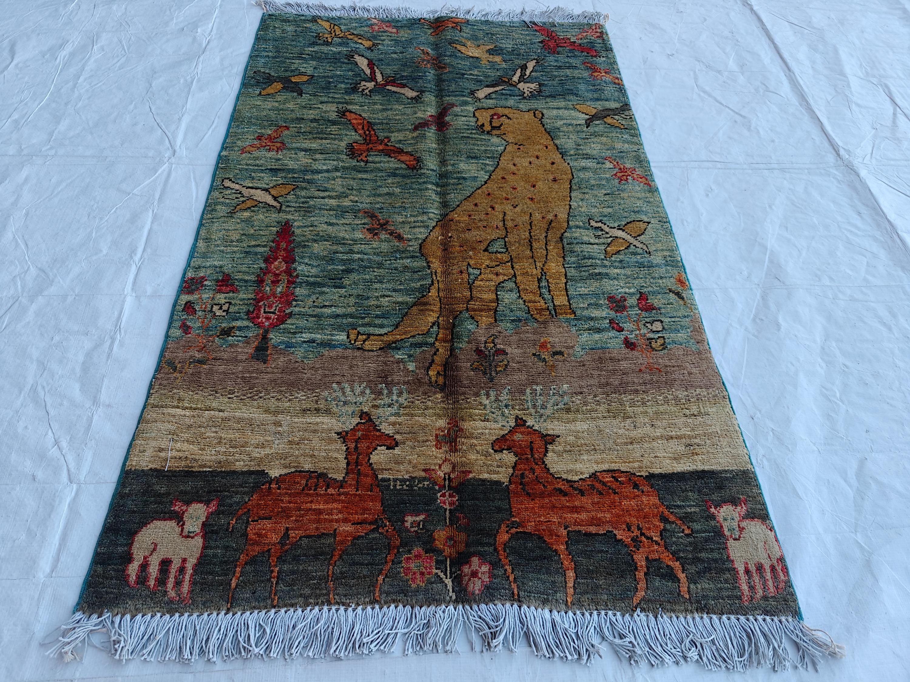 Pictorial Cheetah and Deer Pattern Handmade Rug 3.9 x 2.4 ft – Unique Animal Design Area Rug for Home Décor, Wall Hanging Rug, Office Decor