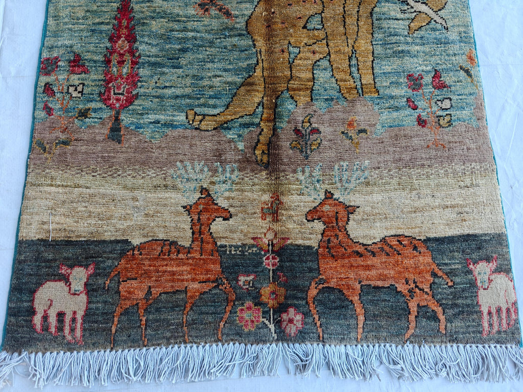 Pictorial Cheetah and Deer Pattern Handmade Rug 3.9 x 2.4 ft – Unique Animal Design Area Rug for Home Décor, Wall Hanging Rug, Office Decor