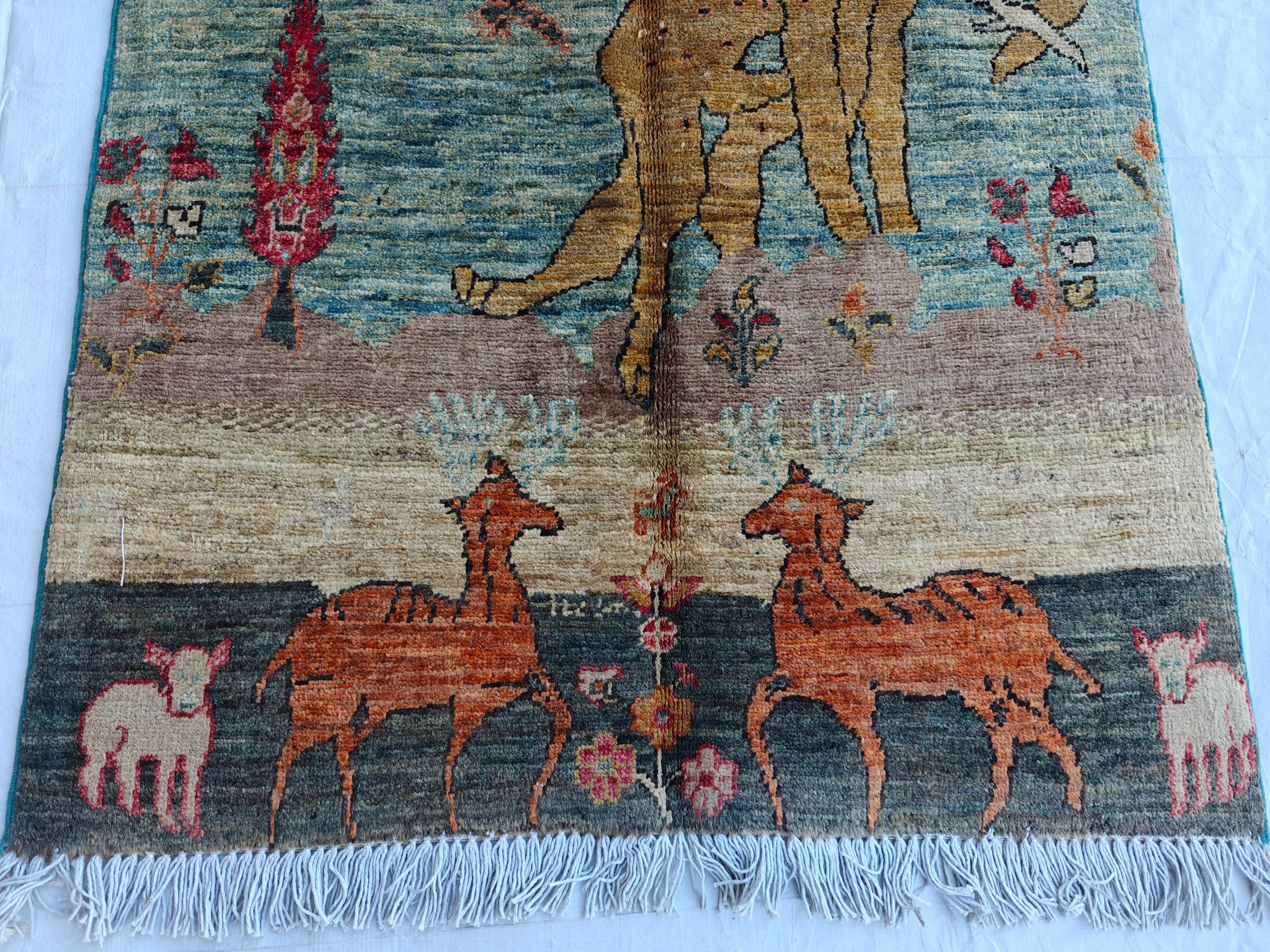 Pictorial Cheetah and Deer Pattern Handmade Rug 3.9 x 2.4 ft – Unique Animal Design Area Rug for Home Décor, Wall Hanging Rug, Office Decor