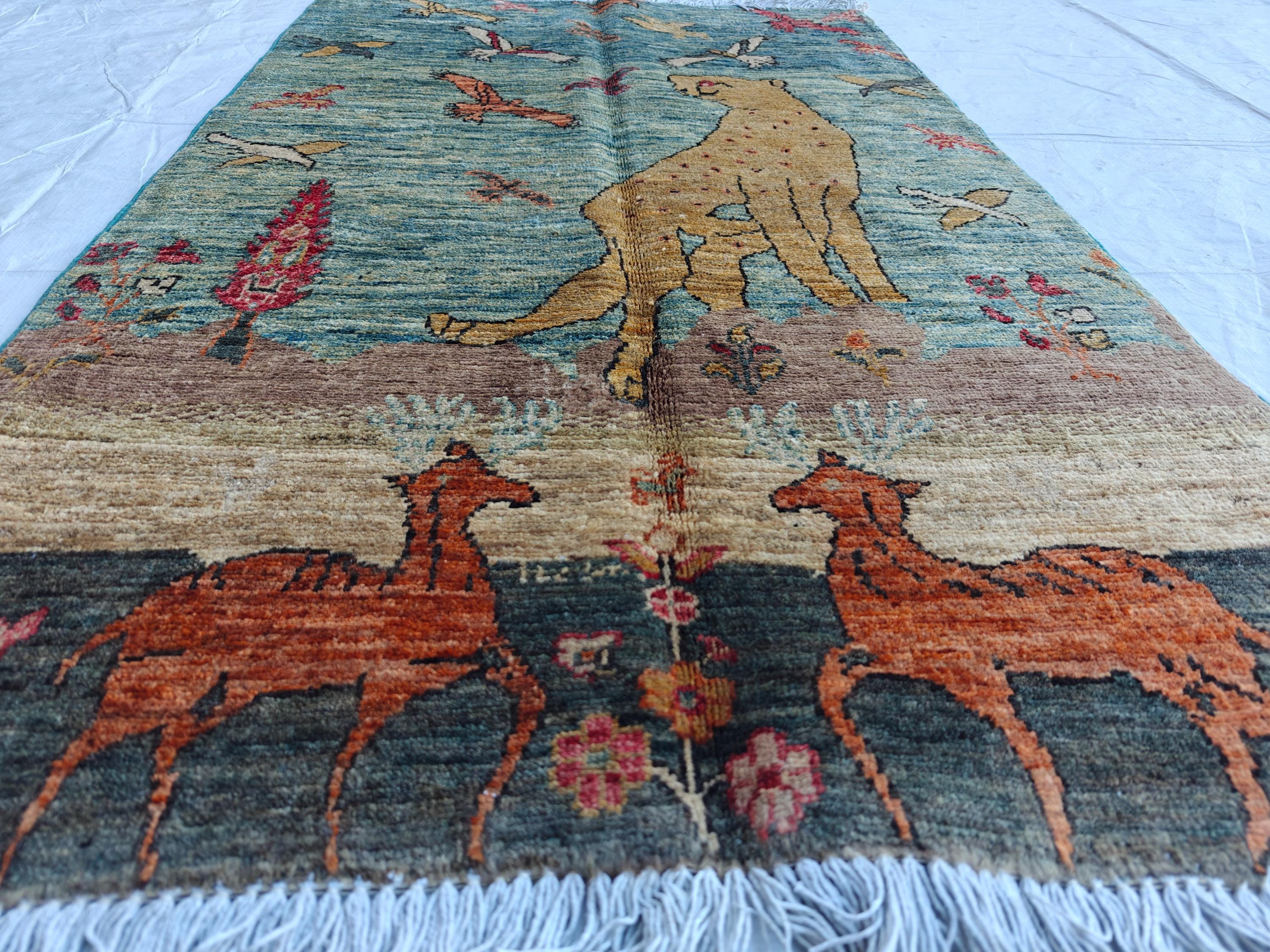 Pictorial Cheetah and Deer Pattern Handmade Rug 3.9 x 2.4 ft – Unique Animal Design Area Rug for Home Décor, Wall Hanging Rug, Office Decor