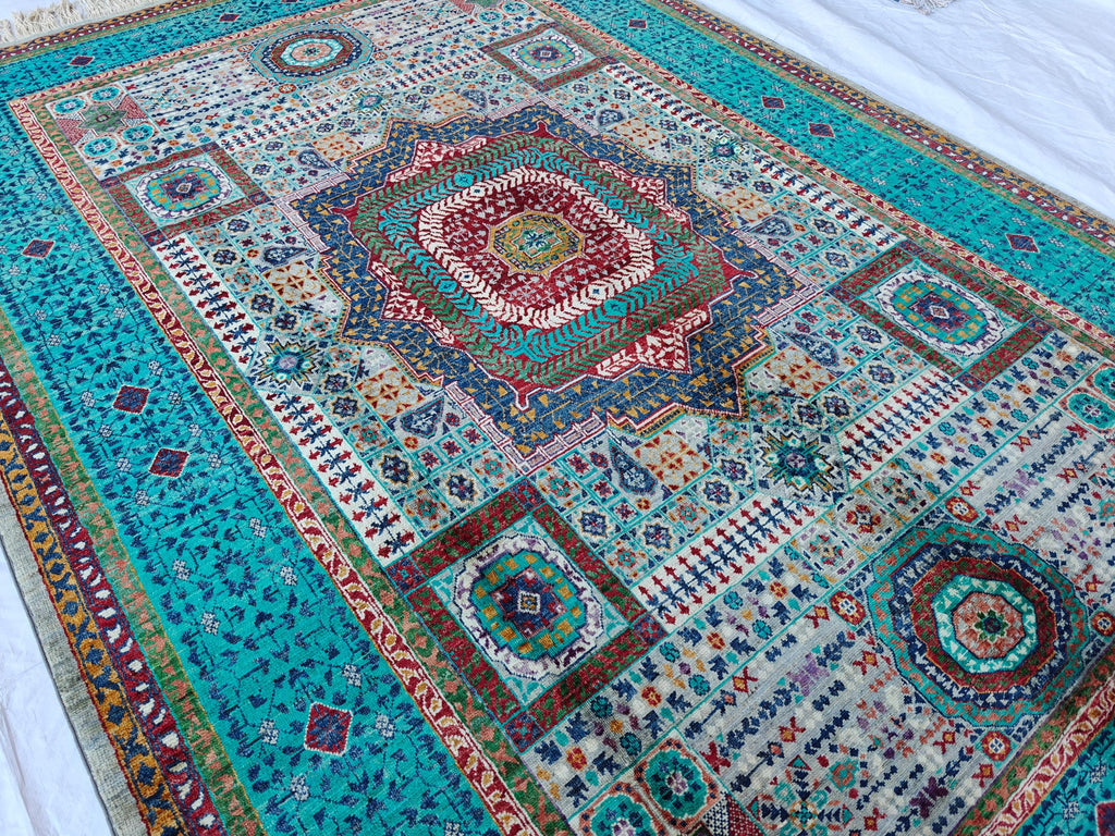 6x8 Grey and Turquoise Authentic Mamluk Rug Handwoven Egyptian Oriental Carpet with Traditional Patterns, Rugs For Living Room, Bedroom Rug