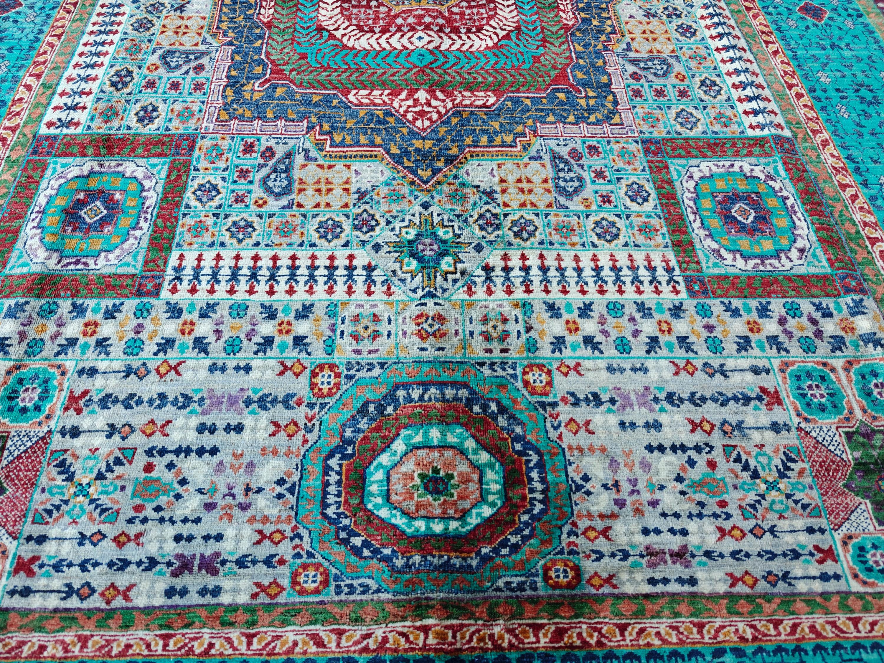 6x8 Grey and Turquoise Authentic Mamluk Rug Handwoven Egyptian Oriental Carpet with Traditional Patterns, Rugs For Living Room, Bedroom Rug