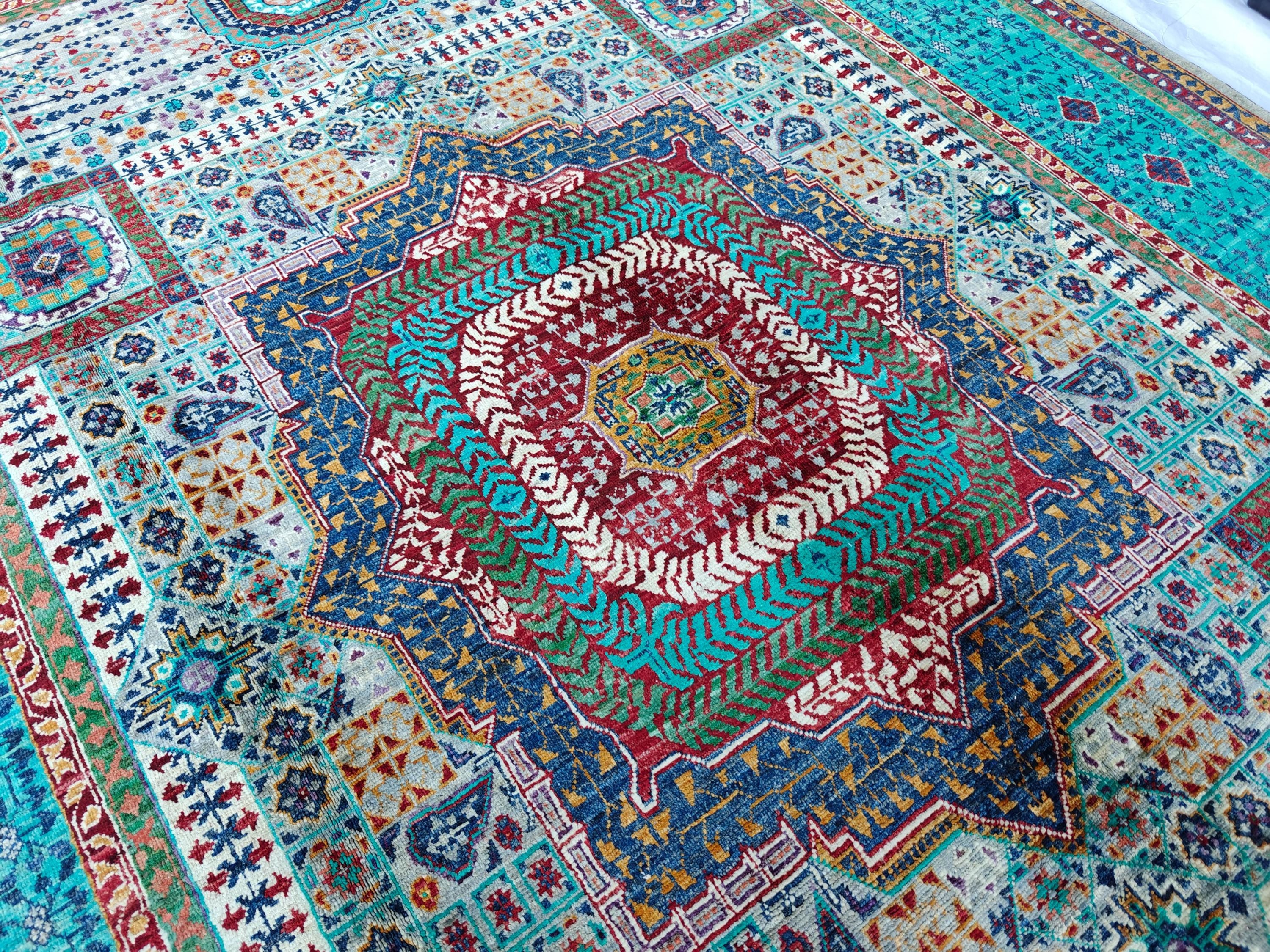 6x8 Grey and Turquoise Authentic Mamluk Rug Handwoven Egyptian Oriental Carpet with Traditional Patterns, Rugs For Living Room, Bedroom Rug