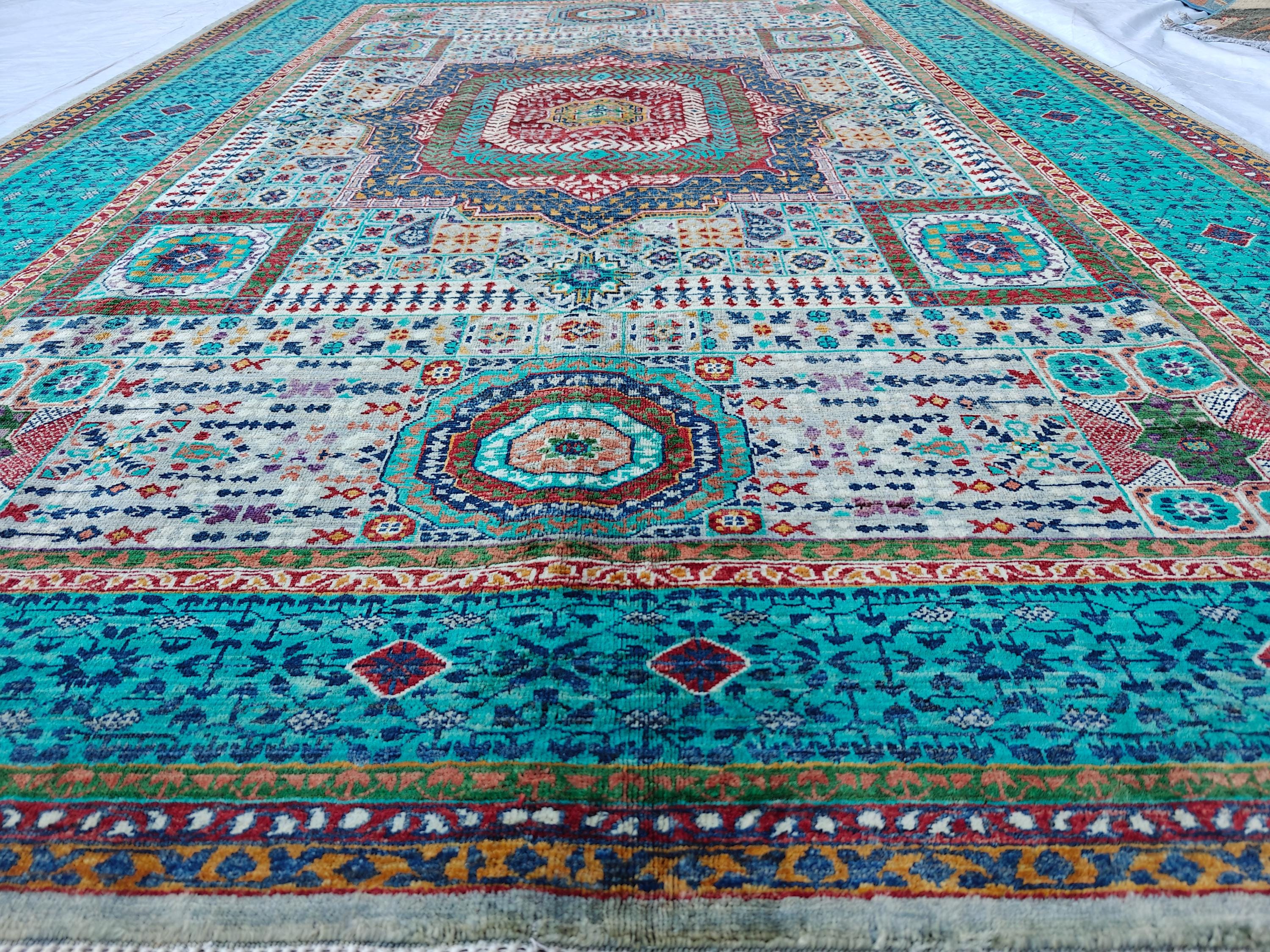 6x8 Grey and Turquoise Authentic Mamluk Rug Handwoven Egyptian Oriental Carpet with Traditional Patterns, Rugs For Living Room, Bedroom Rug