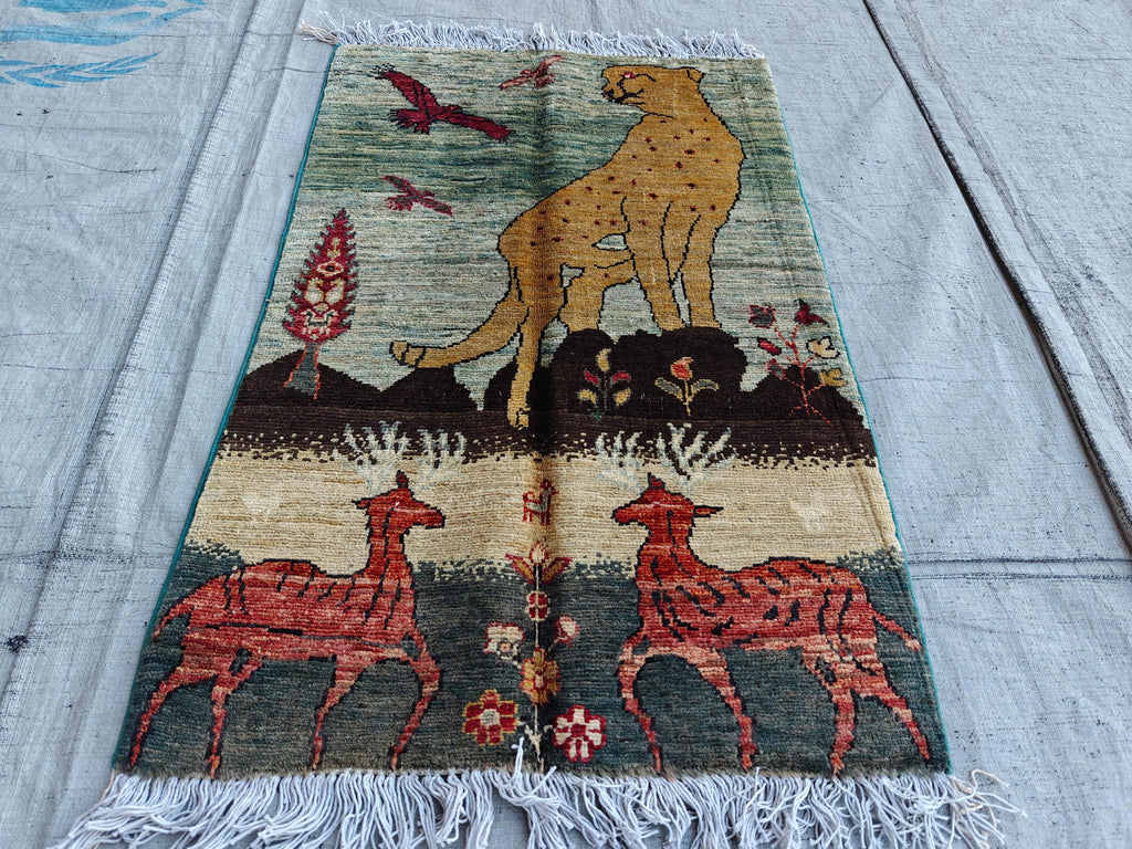 3x2 Pictorial Cheetah and Dears, Handmade Afghan Rug, Wall Hanging Rug, Entryway Rug, Decorative Small Accent Rug 3x1.9 Ft, Small Rug