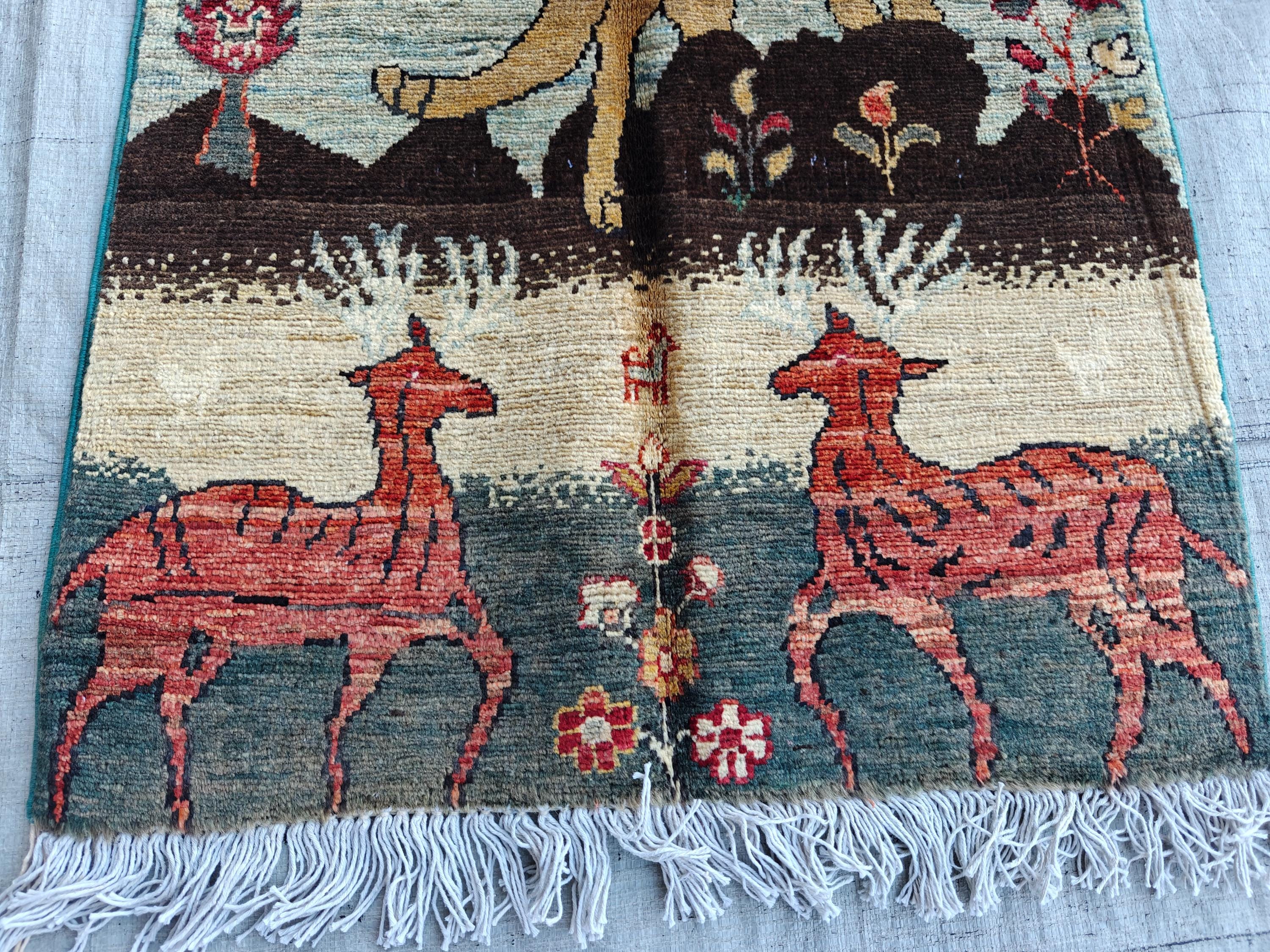 3x2 Pictorial Cheetah and Dears, Handmade Afghan Rug, Wall Hanging Rug, Entryway Rug, Decorative Small Accent Rug 3x1.9 Ft, Small Rug