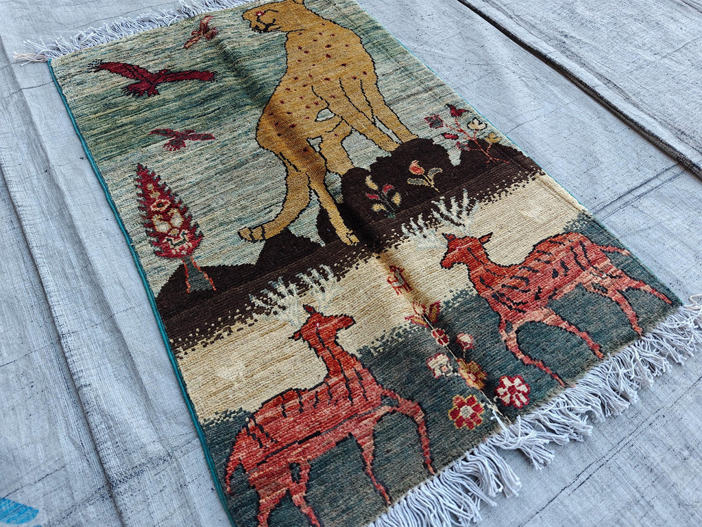 3x2 Pictorial Cheetah and Dears, Handmade Afghan Rug, Wall Hanging Rug, Entryway Rug, Decorative Small Accent Rug 3x1.9 Ft, Small Rug
