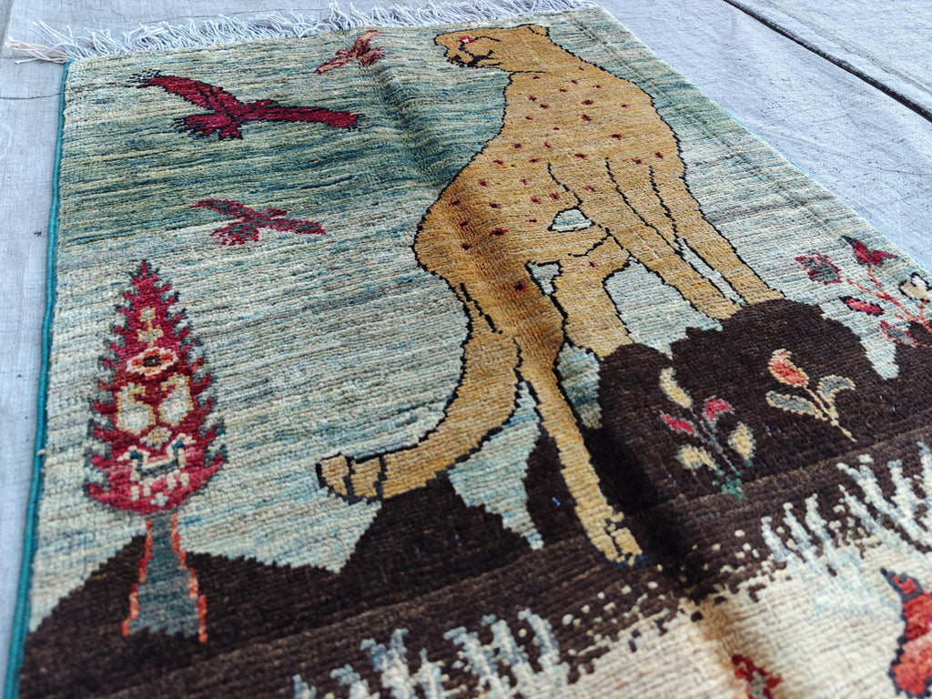 3x2 Pictorial Cheetah and Dears, Handmade Afghan Rug, Wall Hanging Rug, Entryway Rug, Decorative Small Accent Rug 3x1.9 Ft, Small Rug