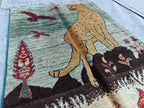 3x2 Pictorial Cheetah and Dears, Handmade Afghan Rug, Wall Hanging Rug, Entryway Rug, Decorative Small Accent Rug 3x1.9 Ft, Small Rug