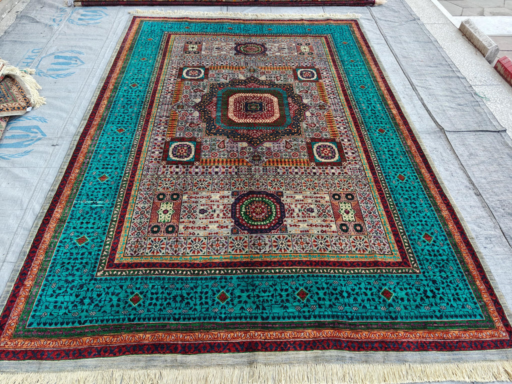 7x10 Grey Turquoise Rug Authentic Afghan Wool Carpet, Unique Geometric Design, Traditional Area Rug, Rug For Living Room 9.7x6.8, Medium Rug