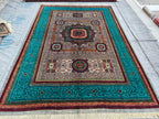 7x10 Grey Turquoise Rug Authentic Afghan Wool Carpet, Unique Geometric Design, Traditional Area Rug, Rug For Living Room 9.7x6.8, Medium Rug