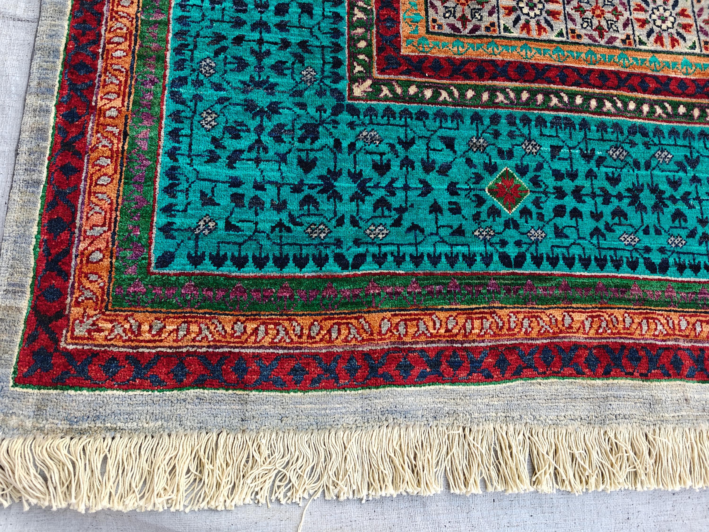 7x10 Grey Turquoise Rug Authentic Afghan Wool Carpet, Unique Geometric Design, Traditional Area Rug, Rug For Living Room 9.7x6.8, Medium Rug
