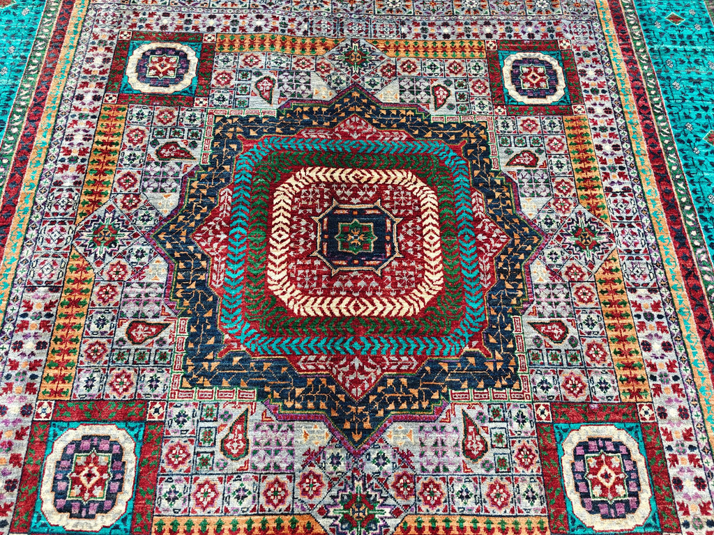 7x10 Grey Turquoise Rug Authentic Afghan Wool Carpet, Unique Geometric Design, Traditional Area Rug, Rug For Living Room 9.7x6.8, Medium Rug