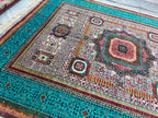 7x10 Grey Turquoise Rug Authentic Afghan Wool Carpet, Unique Geometric Design, Traditional Area Rug, Rug For Living Room 9.7x6.8, Medium Rug
