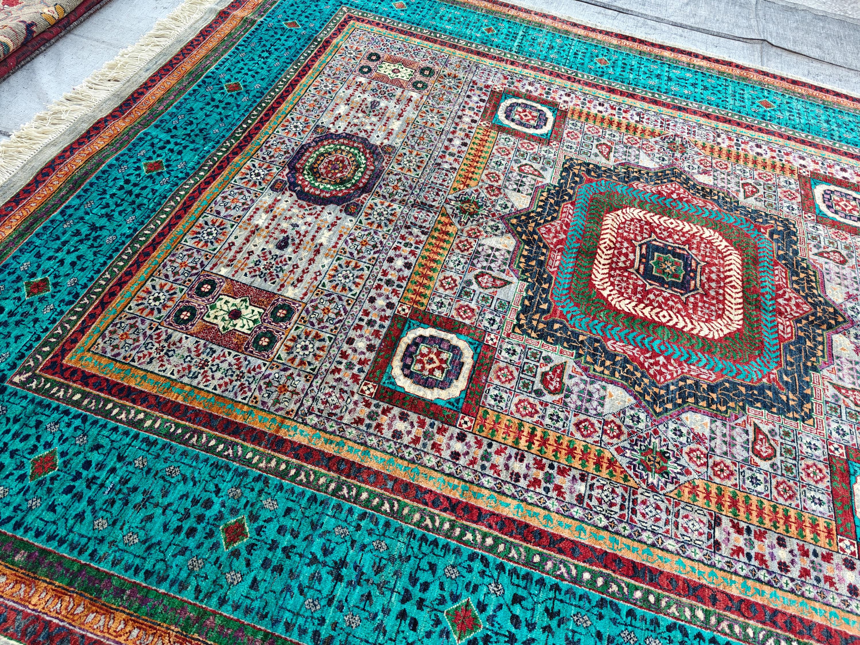 7x10 Grey Turquoise Rug Authentic Afghan Wool Carpet, Unique Geometric Design, Traditional Area Rug, Rug For Living Room 9.7x6.8, Medium Rug