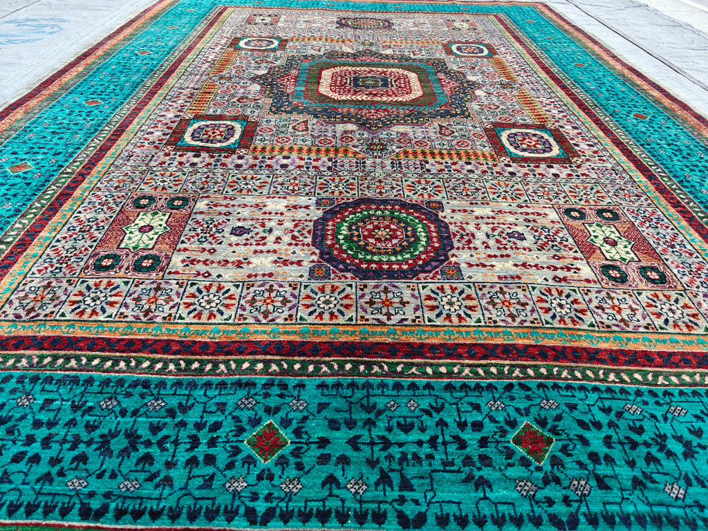 7x10 Grey Turquoise Rug Authentic Afghan Wool Carpet, Unique Geometric Design, Traditional Area Rug, Rug For Living Room 9.7x6.8, Medium Rug