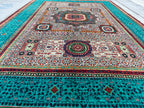 7x10 Grey Turquoise Rug Authentic Afghan Wool Carpet, Unique Geometric Design, Traditional Area Rug, Rug For Living Room 9.7x6.8, Medium Rug
