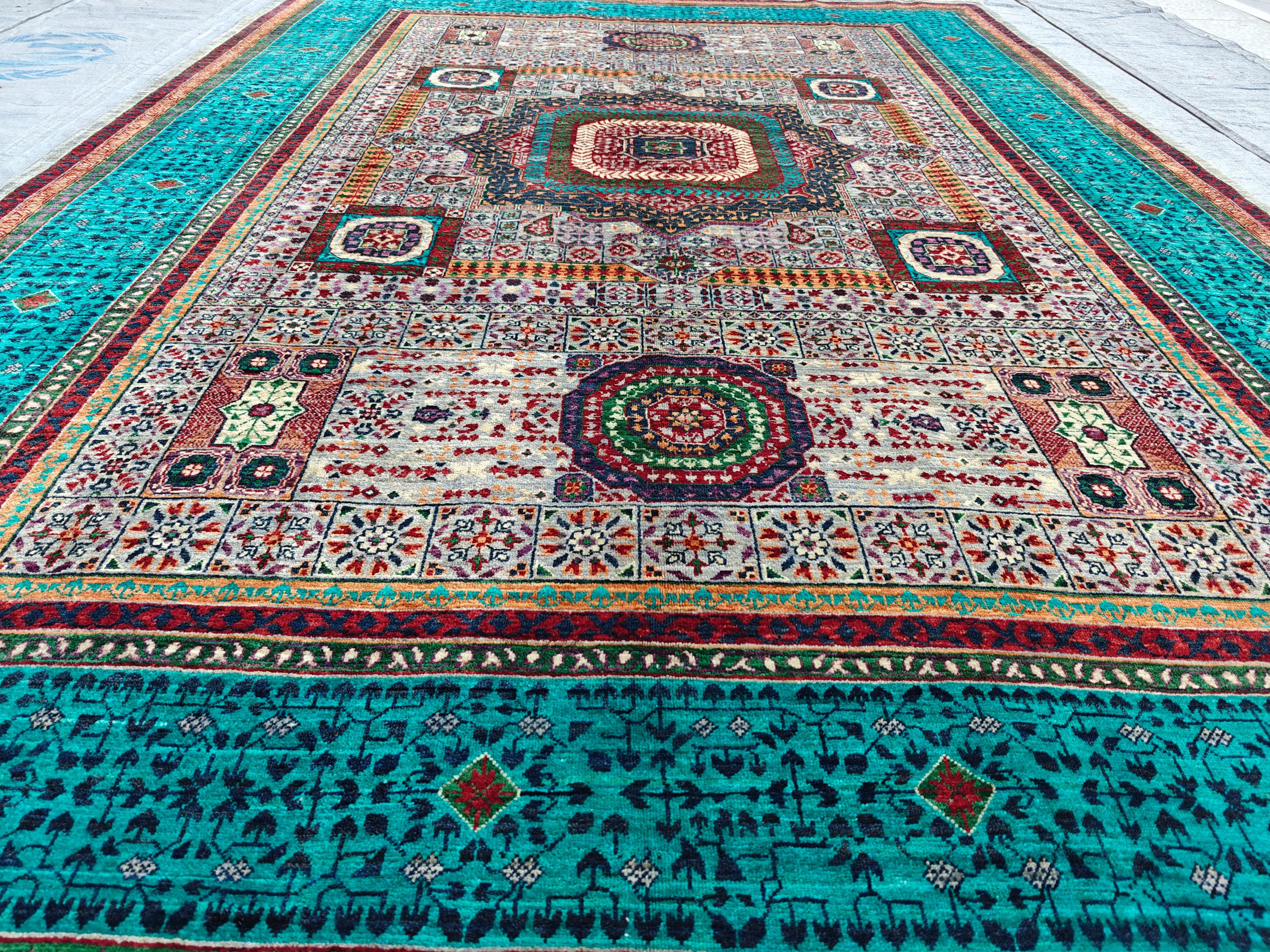 7x10 Grey Turquoise Rug Authentic Afghan Wool Carpet, Unique Geometric Design, Traditional Area Rug, Rug For Living Room 9.7x6.8, Medium Rug