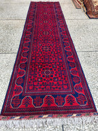 2x10 Red and Navy Blue Bukhara Afghan Handwoven Runner Rug, Hallway Runner, Vintage Style Home Decor, Entryway Runner, Stairs Rug 9.8x2.6ft